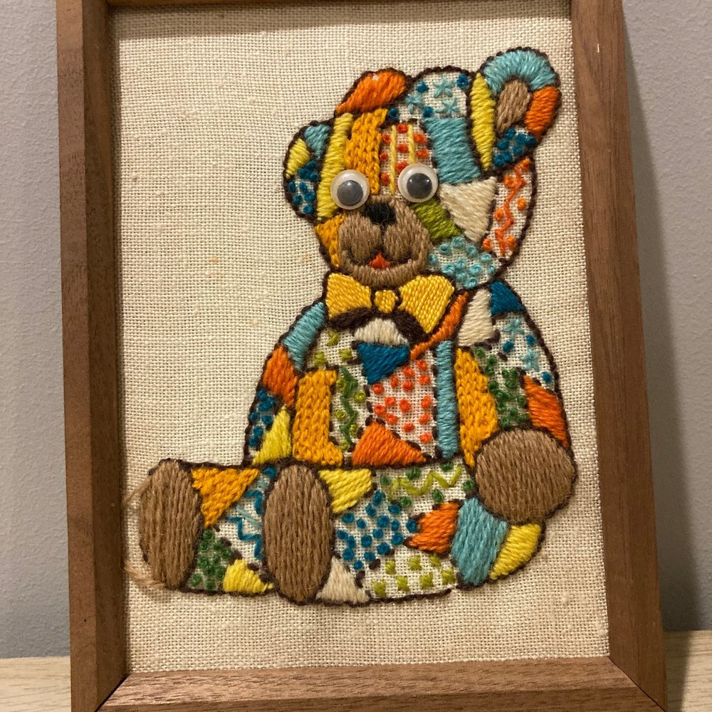 Vintage 1970’s Hand Stitched Patchwork Googly Eyed Teddy Bear Crewel Wall Decor